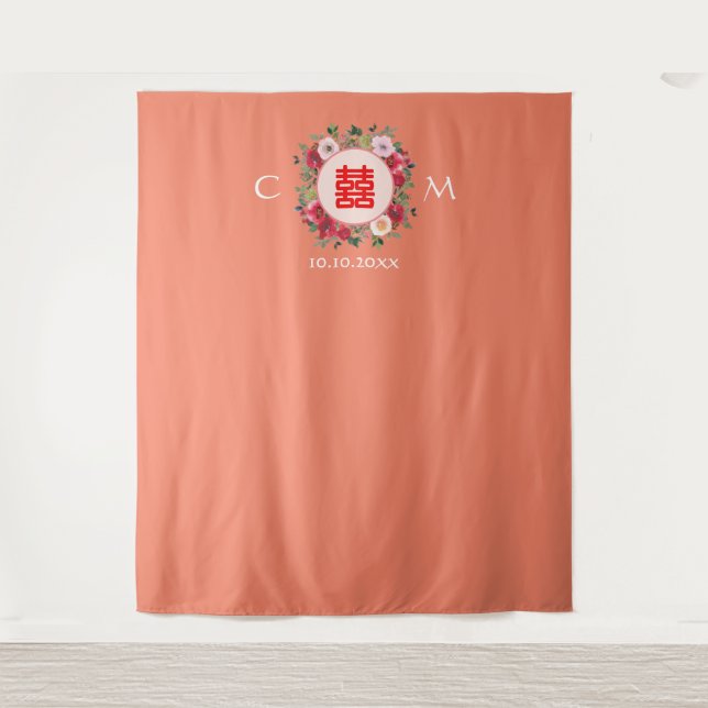 Orange floral wreath Chinese wedding backdrop Tapestry (Front)