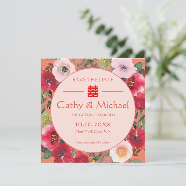 Orange floral wreath red flowers Chinese wedding Save The Date (Standing Front)