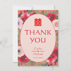 Orange floral wreath red flowers Chinese wedding Thank You Card