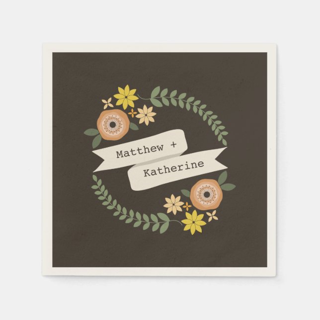 Orange Floral Wreath Wedding Napkins (Front)