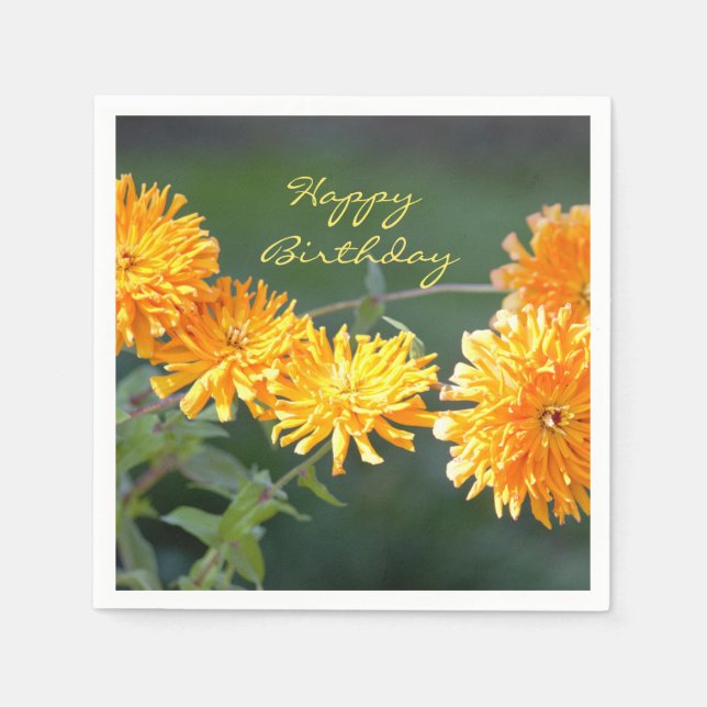 Orange Floral Zennia  "Happy Birthday"  Napkin (Front)