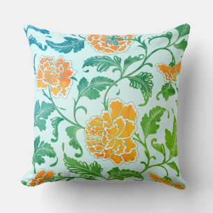 Orange Florals and Greenery on Light Blue Cushion