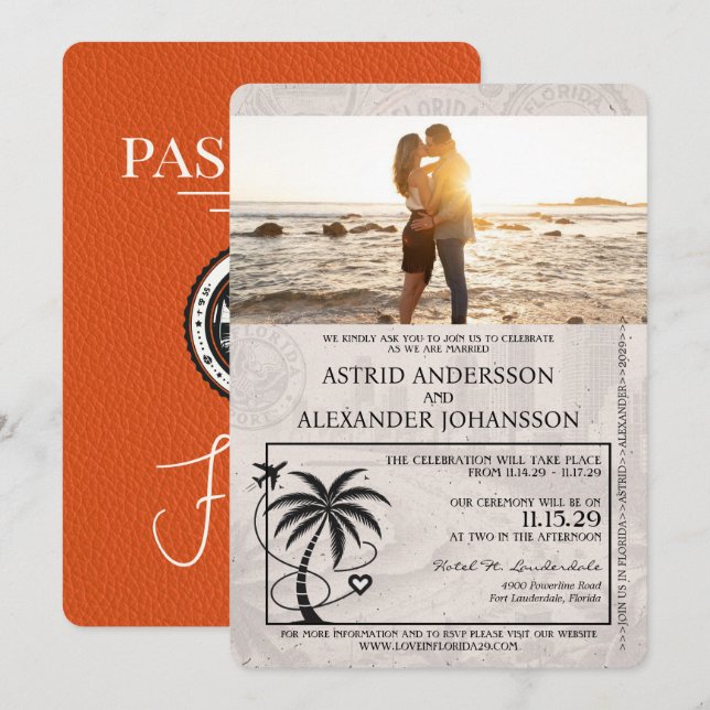 Orange Florida Passport Wedding Invitation (Front/Back)