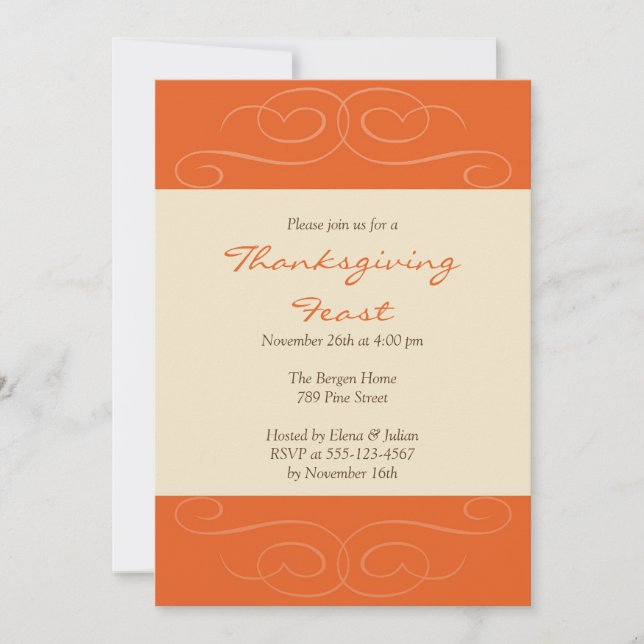 Orange florish fall custom Thanksgiving invitation (Front)