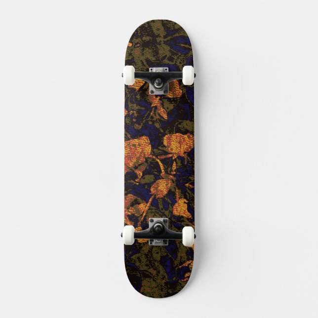 Orange flower against leaf camouflage pattern skateboard (Front)