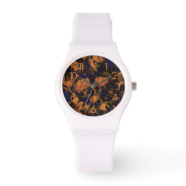 Orange flower against leaf camouflage pattern watch (Front)