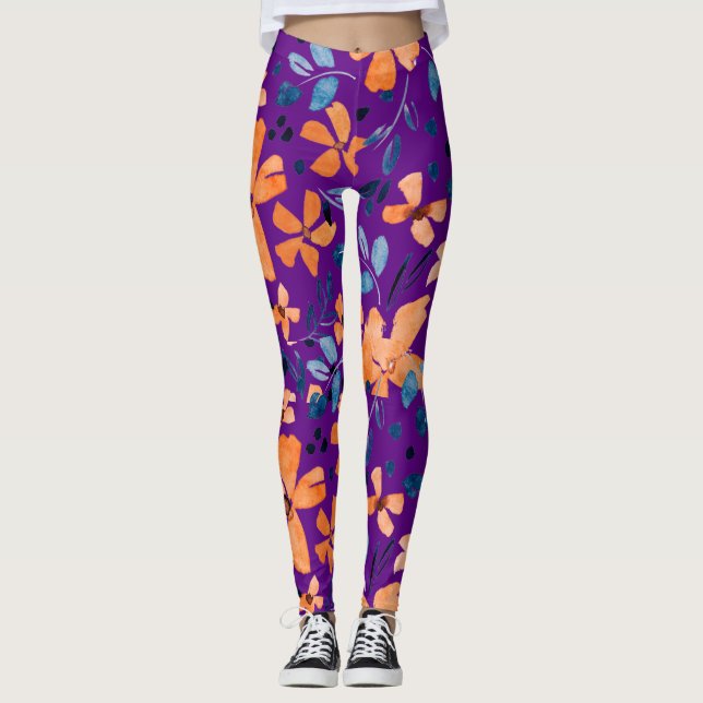 Orange flower and blue leaves on transparent leggings (Front)