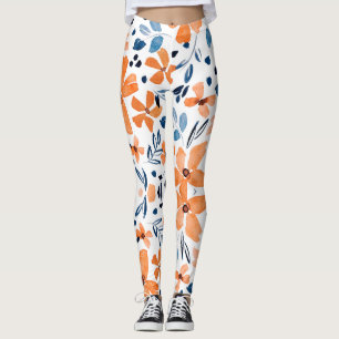 Orange flower and blue leaves pattern leggings