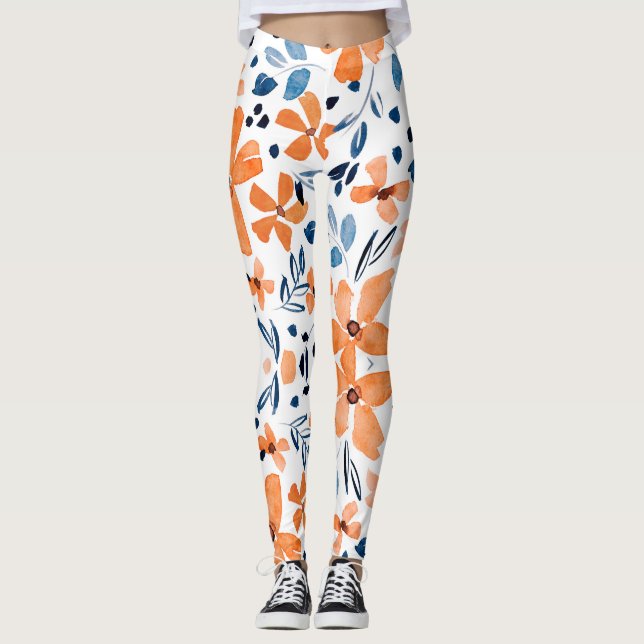 Orange flower and blue leaves pattern leggings (Front)
