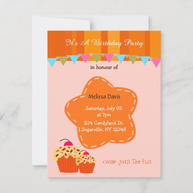 Orange Flower and Cupcake Birthday Invitation (Front)