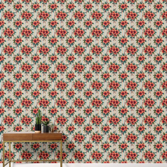 Orange Flower Arrangement on Blue and Tan Stripes Wallpaper (Hallway)