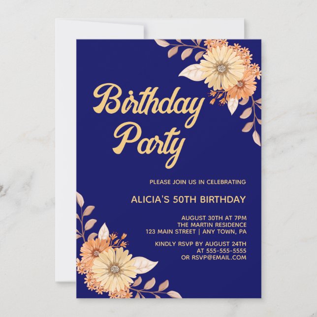 Orange Flower Botanical Gold Navy Blue Birthday Invitation (Front)