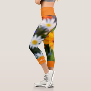 Orange Flower Floral Personalised Name Capri Leggings