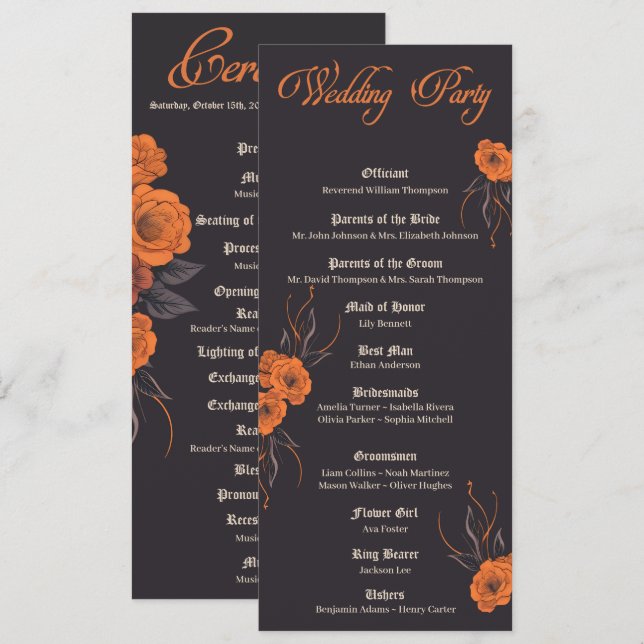 Orange flower gothic minimalist Wedding program Invitation (Front/Back)