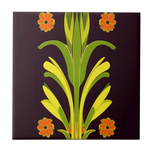Orange flower green leaves brown floral home decor tile (Front)