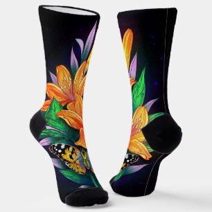 Orange flower in black starry background socks