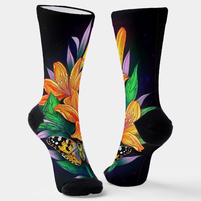 Orange flower in black starry background  socks (Angled)