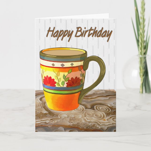 Orange Flower Mug on Stone Table Happy Birthday Card (Front)
