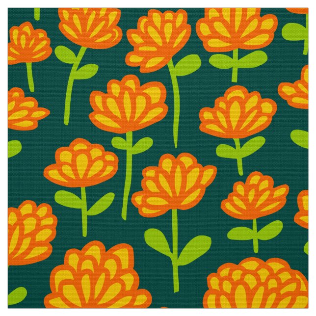Orange Flower Pattern 240515 - on Dk Green 004840 Fabric (Swatch)