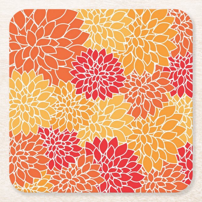 Orange Flower Pattern Square Paper Coaster (Front)