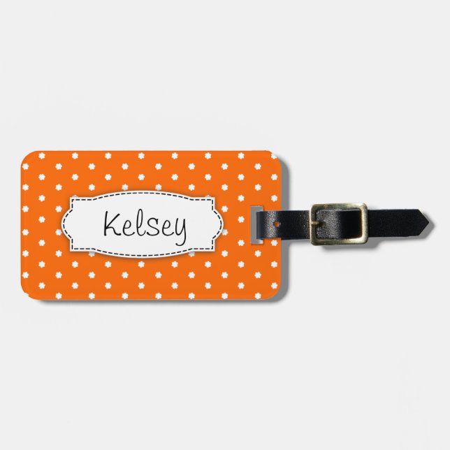 Orange flower polka dots named luggage tag (Front Horizontal)