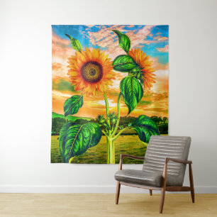 Orange Flower with Green Leaves - Sunflower Sunset Tapestry