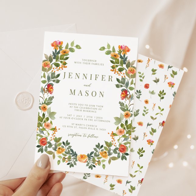 Orange flower wreath wedding invitation (Creator Uploaded)