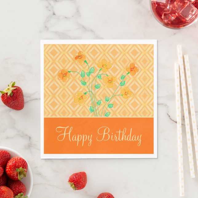 Orange flowered Happy Birthday Paper Napkins (Insitu)