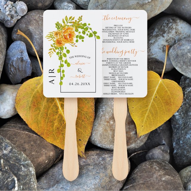 Orange flowers and arch fall wedding program hand fan (Creator Uploaded)