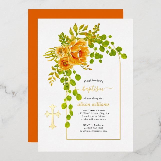 Orange flowers and arch floral baptism gold (Front/Back)