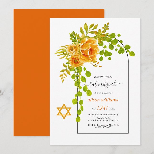 Orange flowers and arch floral Bat Mitzvah Invitation (Front/Back)