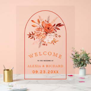 Orange flowers and arch floral welcome wedding acrylic sign