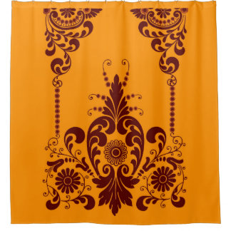 orange flowers and curlicues print shower curtain