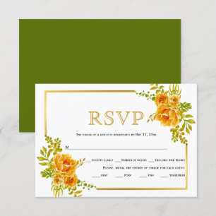 Orange flowers and gold frame wedding RSVP card
