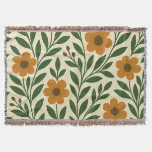 Orange Flowers and Green Leaves Throw Blanket