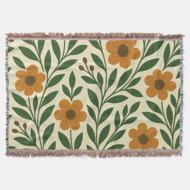 Orange Flowers and Green Leaves Throw Blanket (Front)