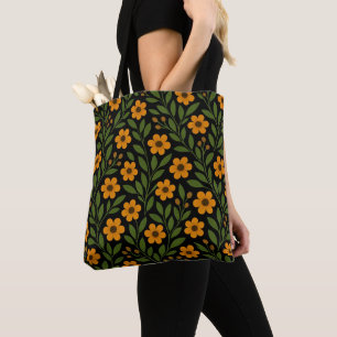 Orange Flowers and Green Leaves Tote Bag