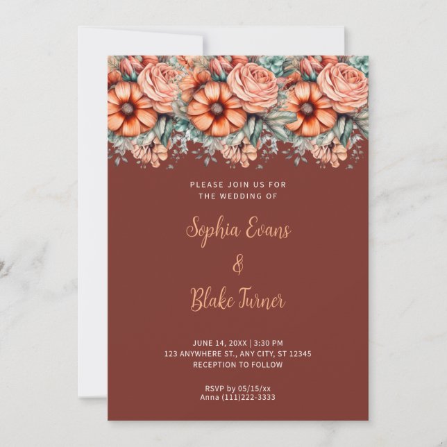Orange Flowers and Greenery Brown Wedding Invitation (Front)
