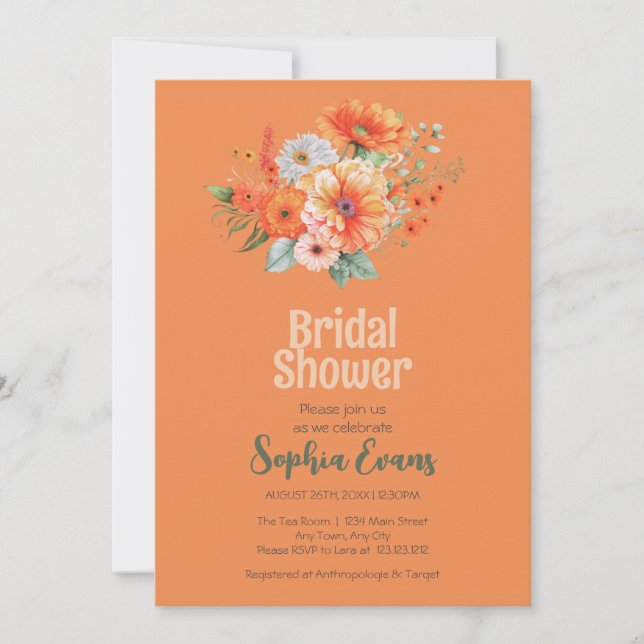 Orange Flowers and Greenery Orange Bridal Shower Invitation (Front)