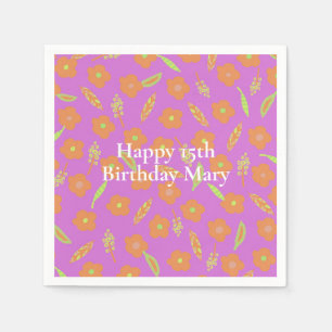Orange Flowers and Lime Green Leafs on Bright Pink Napkin