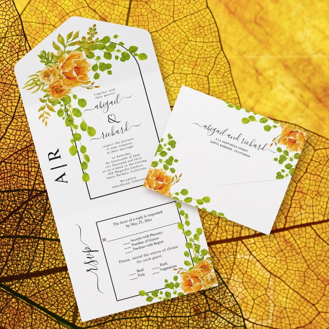 Orange flowers, arch and monogram fall wedding all in one invitation (Creator Uploaded)