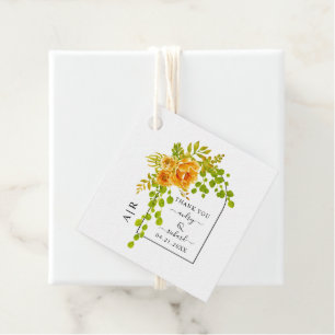 Orange flowers, arch and monogram fall wedding favour tags