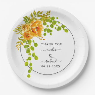 Orange flowers, arch and monogram fall wedding paper plate