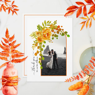 Orange flowers, arch with photo fall wedding thank you card