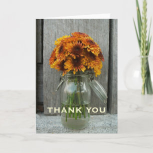 Orange Flowers & Barn Wood Thank You Card
