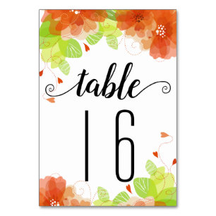 Orange flowers calligraphy flloral wedding table number