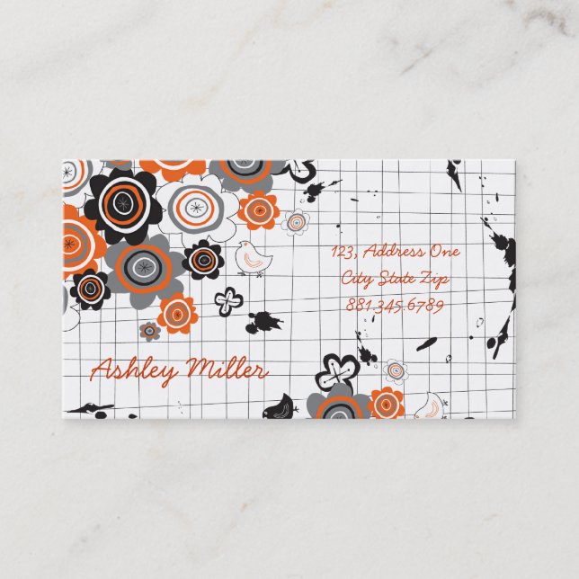 Orange Flowers Chicks Grunge Ink Blots Doodles Kid Business Card (Front)