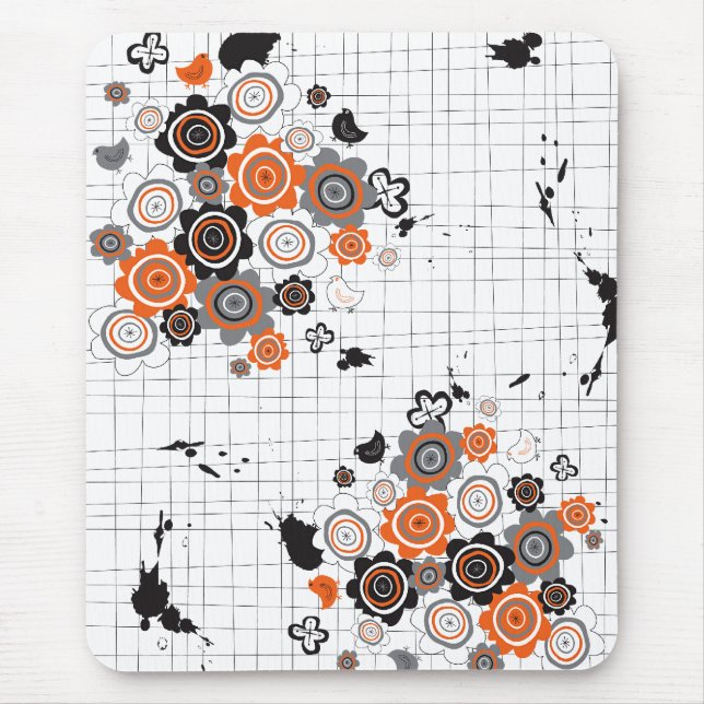 Orange Flowers Chicks Grunge Ink Blots Doodles Kid Mouse Mat (Front)