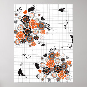 Orange Flowers Chicks Grunge Ink Blots Doodles Kid Poster