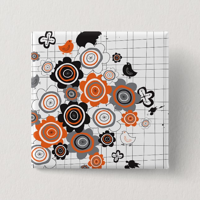 Orange Flowers Chicks Ink Blots Doodles Button (Front)